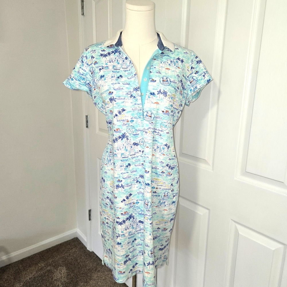 Talbots Polo Dress Womens Medium Blue White Coastal Tropical Pique Short Sleeve